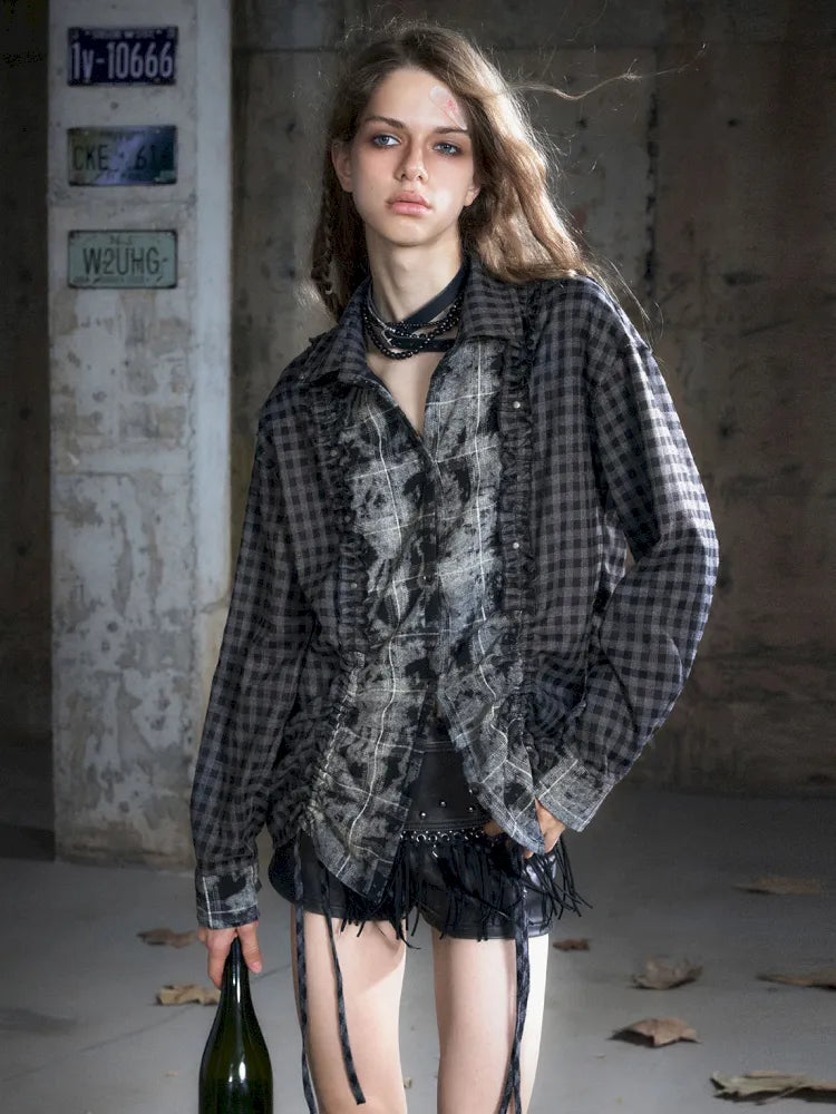 Drawstring Black-Gray Checkered Shir【s0000013959】