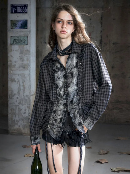 Drawstring Black-Gray Checkered Shir【s0000013959】