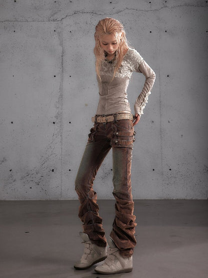 Distressed Pleated Low Rise Jeans【s0000019152】