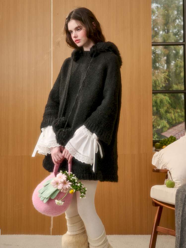 Wool Thick Hooded Fur Collar Knit Cape Skirt【s0000014890】