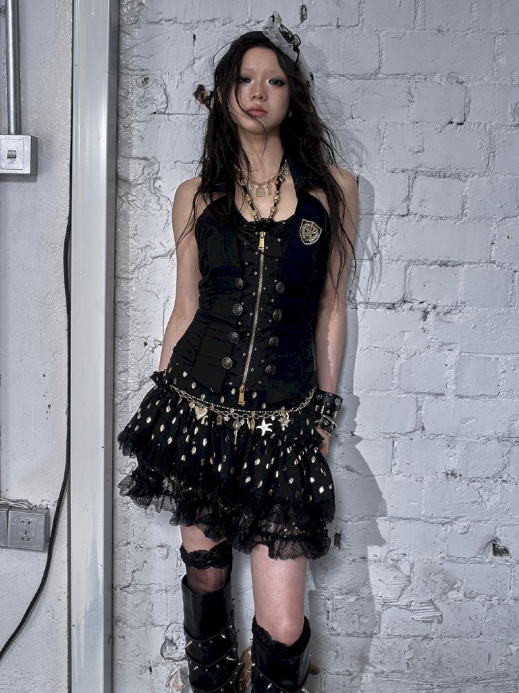 Slimming faux two-piece vest halter top【s0000012798】