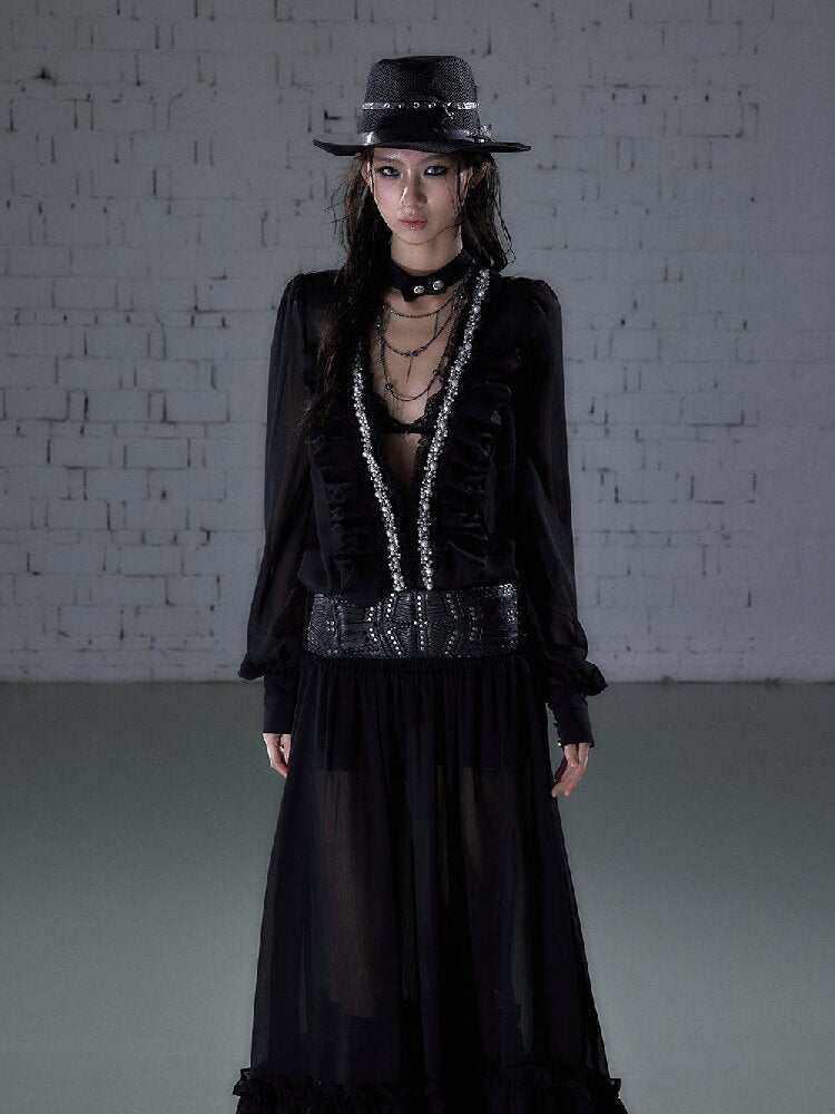 Shirring Deep V Chiffon Dress【s0000015932】