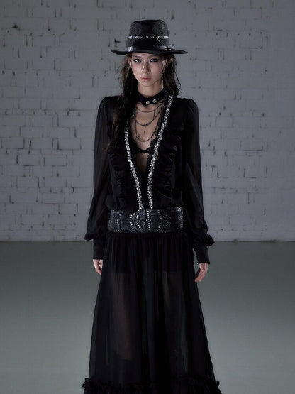 Shirring Deep V Chiffon Dress【s0000015932】