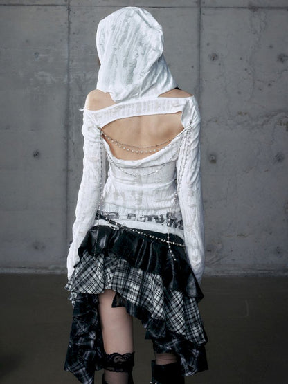 Backless Hooded Long Sleeve Bottom Top【s0000013469】