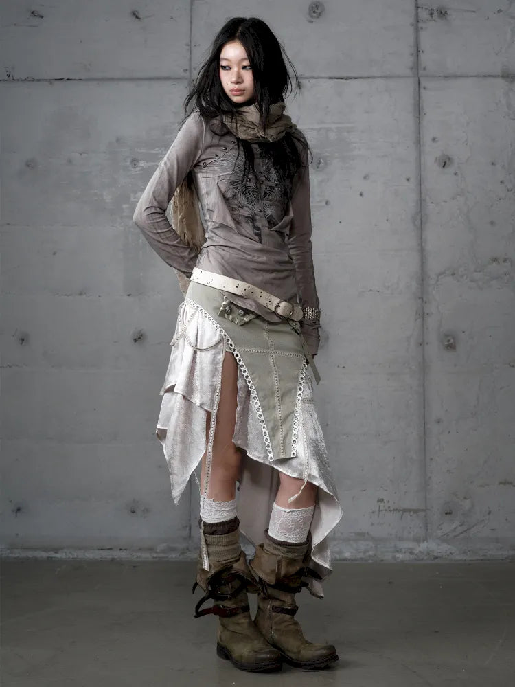 Asymmetric Leather-Satin Skirt【s0000013944】