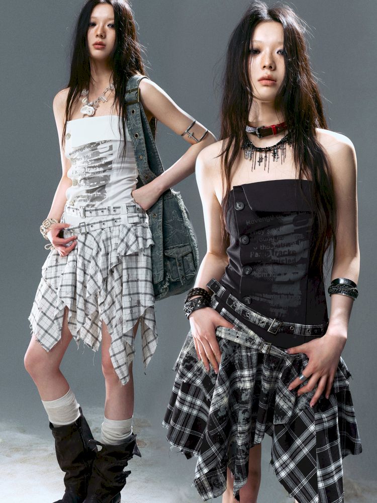 Asymmetrical patchwork plaid strapless dress【s0000012808】