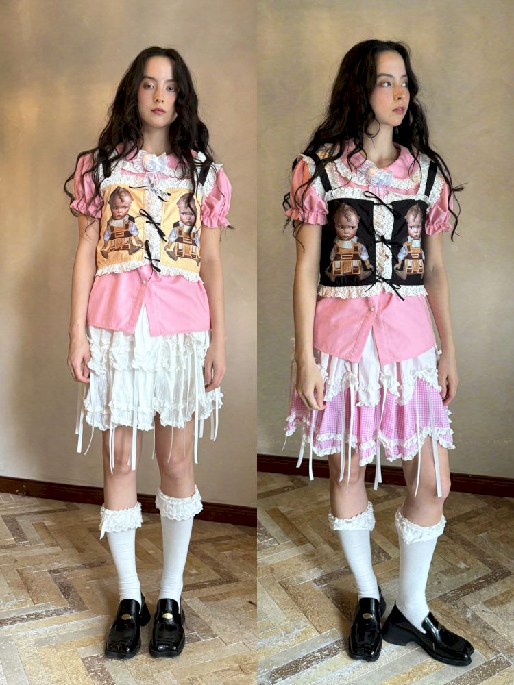 Cute doll print lace bow vest【s0000012760】