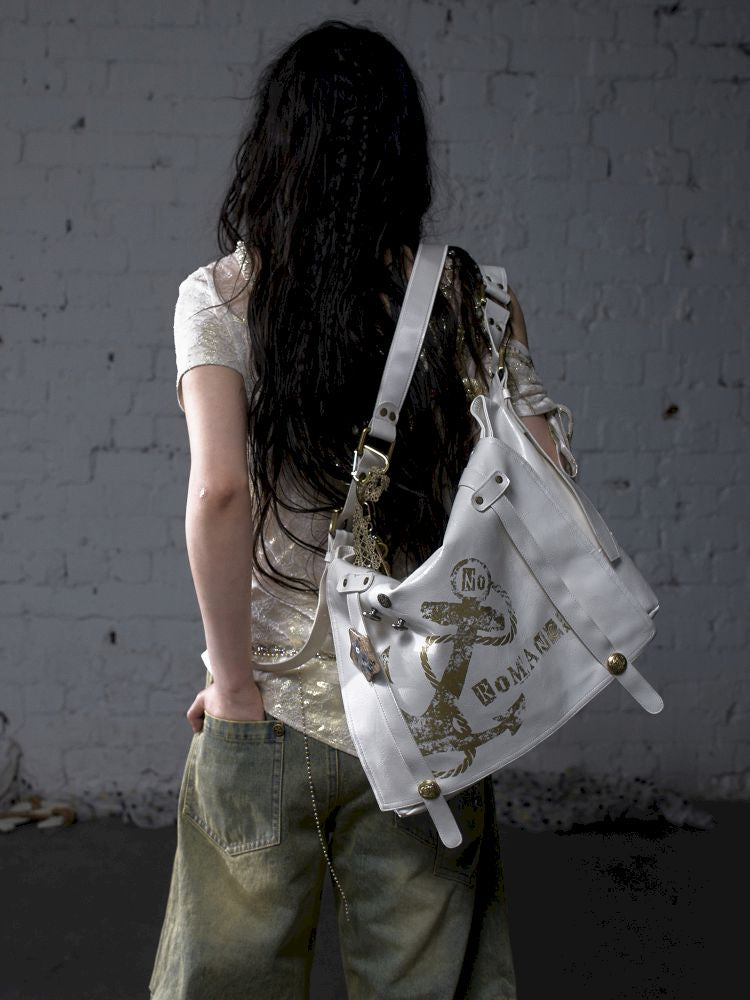 Gold foil print heavy-duty leather shoulder bag【s0000012778】