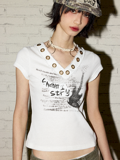 V-Neck Guitar Print Short Sleeve T-Shirt【s0000012424】