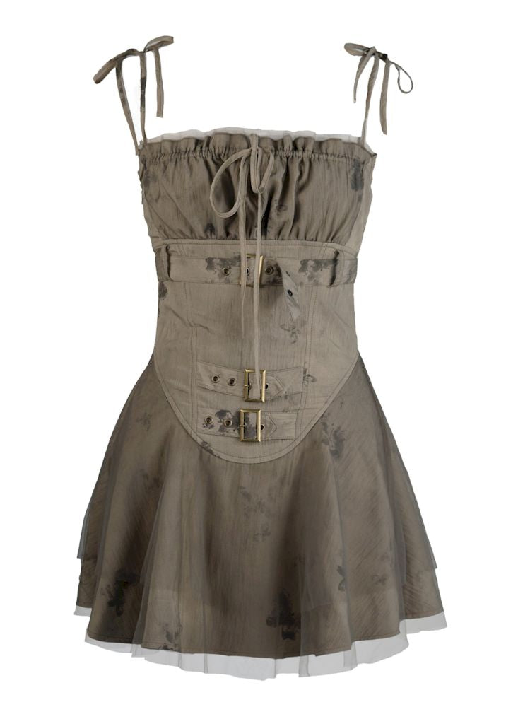 Division Brown Butterfly Mesh Skirt Halter Dress【s0000009364】