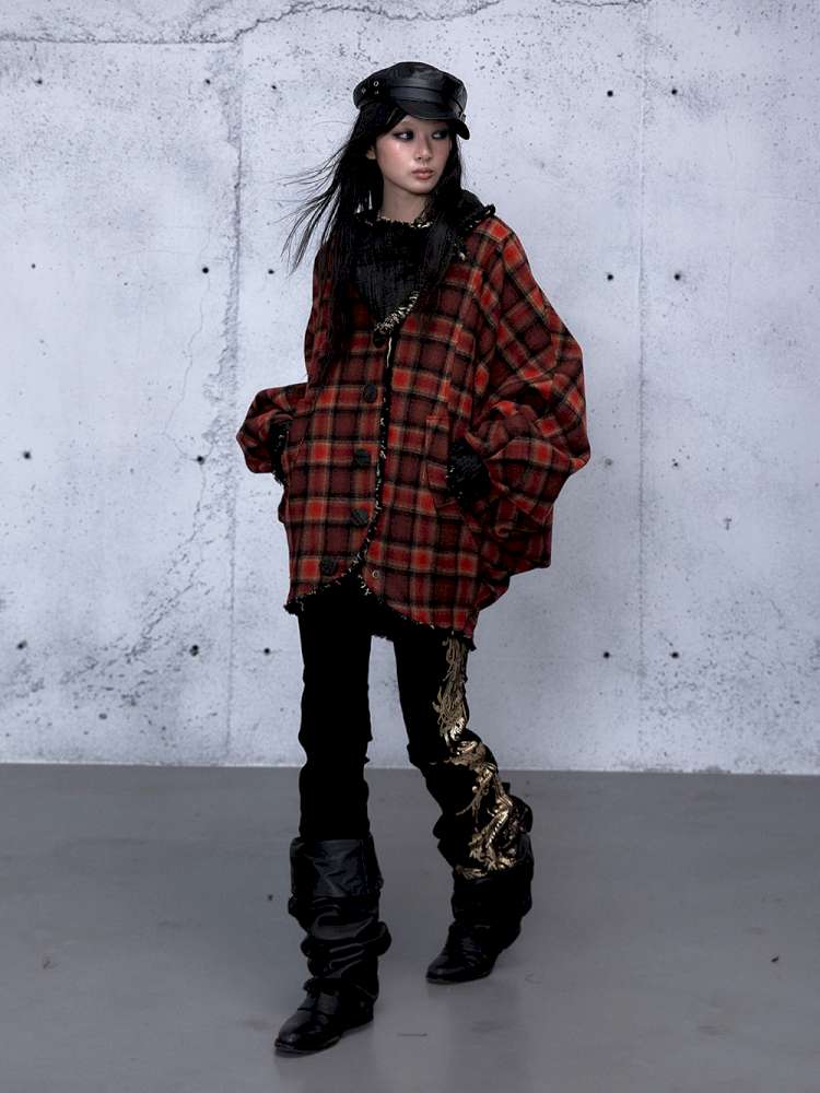 Punk Plaid Denim Bat Woolen Coat【s0000014929】