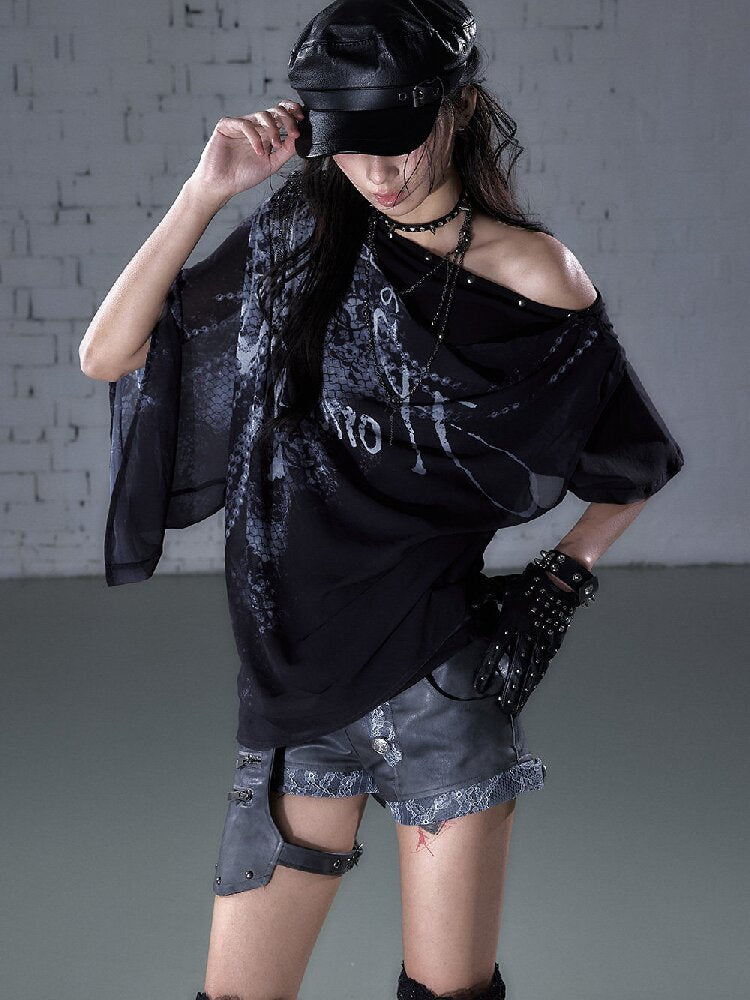 Print Chiffon Swing Collar T-Shirt【s0000016209】