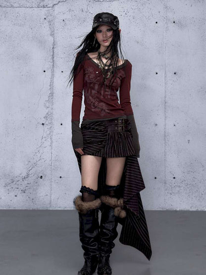 Retro Punk V-Neck Stretch T-Shirt【s0000014928】