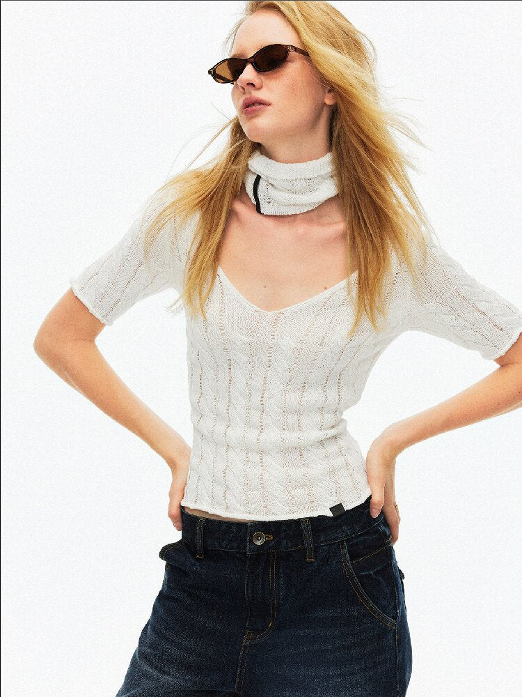Cut Out Cable V-Neck Knit Top【s0000015928】