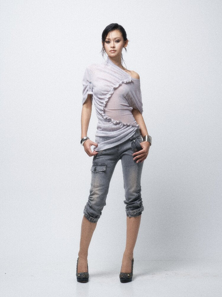 3-Tone Knitted Mesh Pleated T-Shirt【s0000016063】