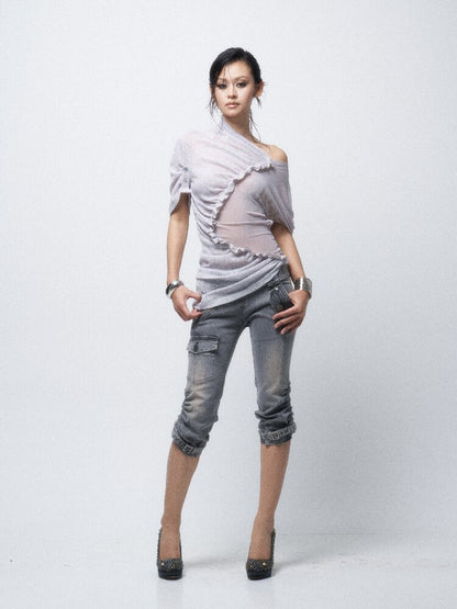 3-Tone Knitted Mesh Pleated T-Shirt【s0000016063】