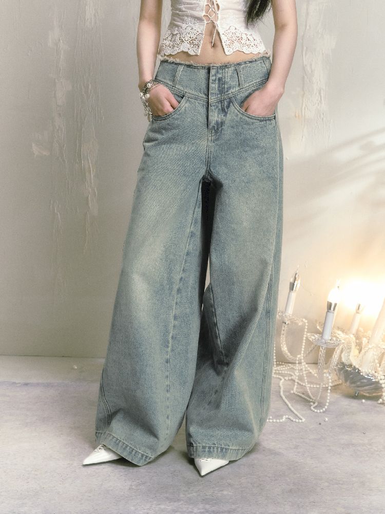Wide-leg broken holes micro-laundry jeans【s0000012140】