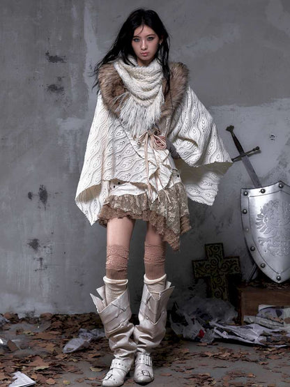 Knit Fur Collar Shawl Cape【s0000014659】