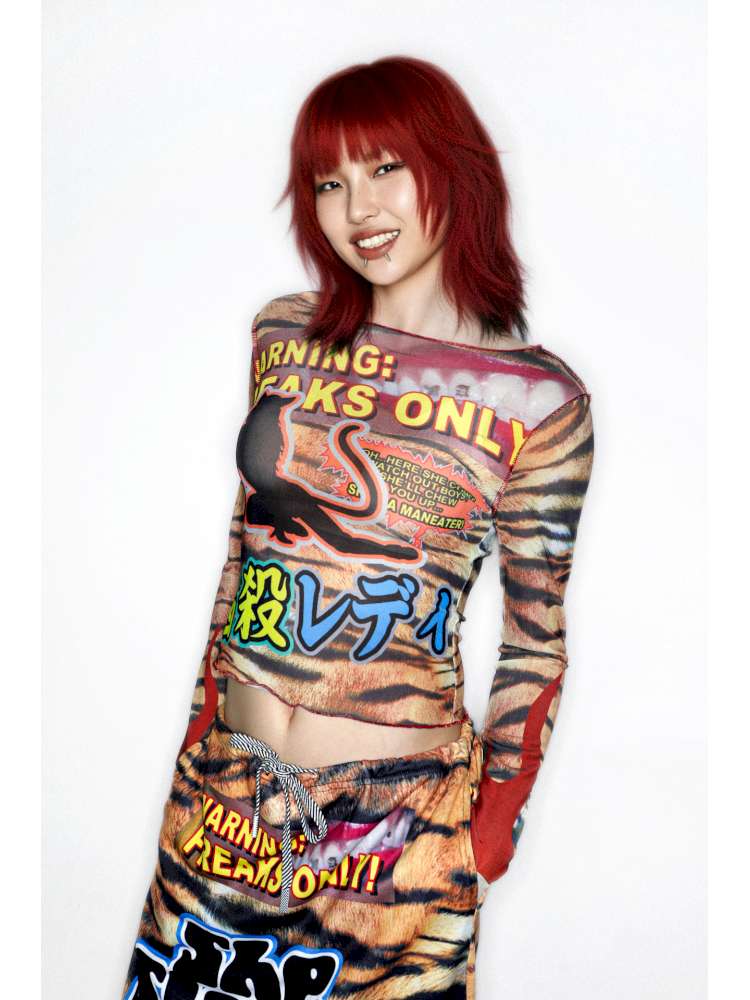 Y2K Millennium Print Long Sleeve Mesh Top【s0000014915