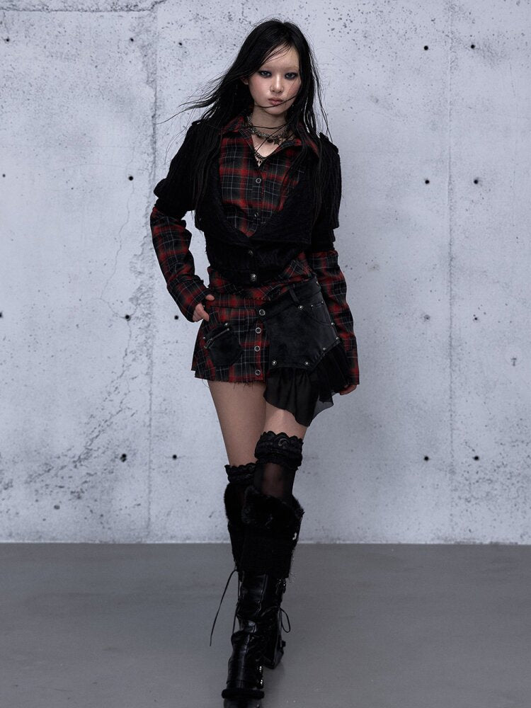 Plaid Stitching Leather Skirt【s0000015546】