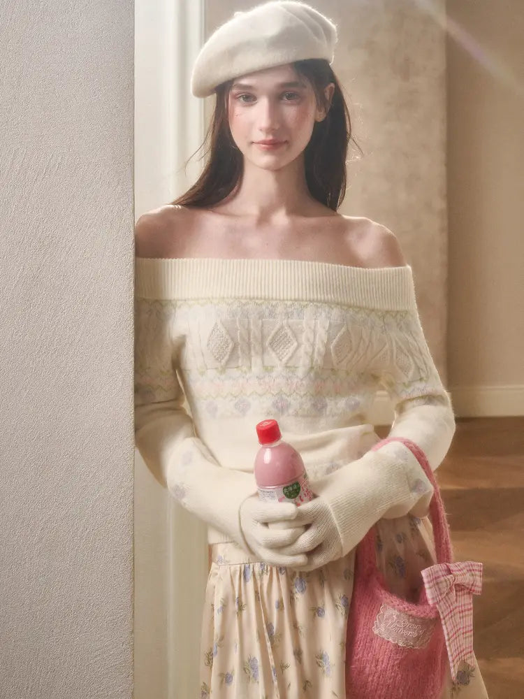 Fresh and Soft Cotton Sweater, Scarf, Floral Skirt【s0000014323】