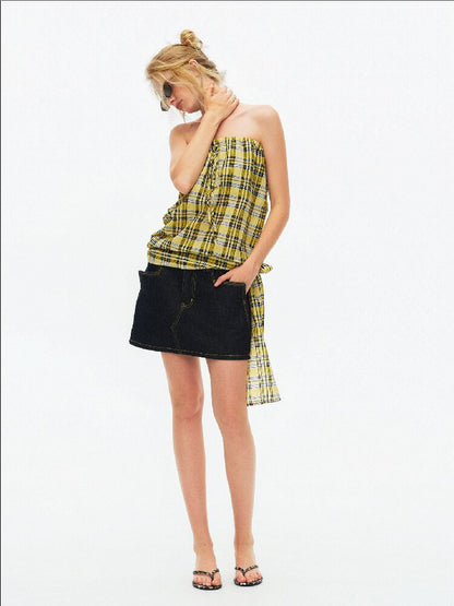 Striped Plaid Lace Up Bandeau Top【s0000015924】