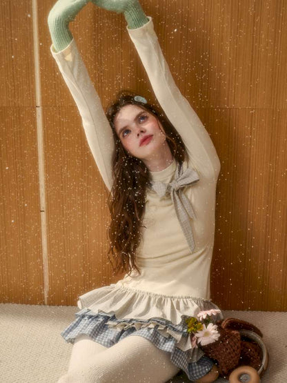 Organic Cotton Lake Blue Spliced Pleated Skirt【s0000014889】