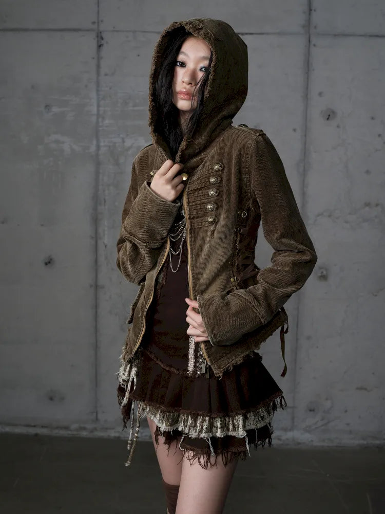 Corduroy Detachable Slim-Fit Hooded Jacket【s0000013952】