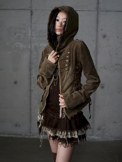 Corduroy Detachable Slim-Fit Hooded Jacket【s0000013952】