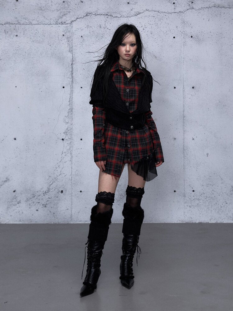 Check Knit Fake Two Piece Shirt【s0000015547】