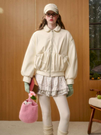 Cream Leather Doll Collar Leather Jacket【s0000014885】