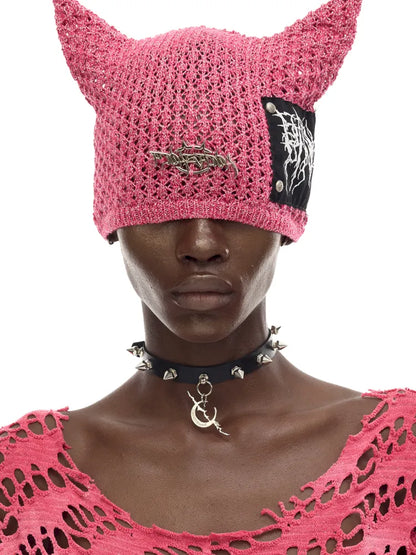 Cat-Eared Concept Little Devil Hole-Pattern Beanie【s0000014010】