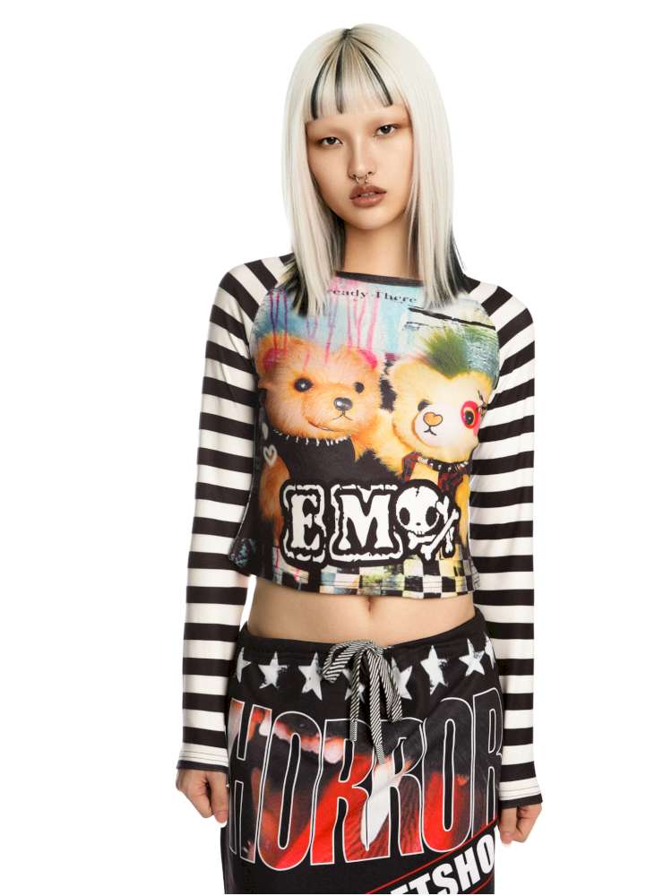 Y2K punk border zip foodie 平成 ギャル dark Sweet Cool Y2K Subculture Print Short Top【s0000014907