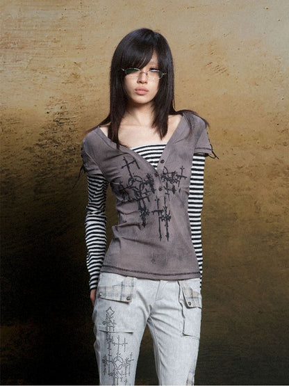 토템 크로스 인쇄 긴 슬리브 티셔츠 [S0000011819]