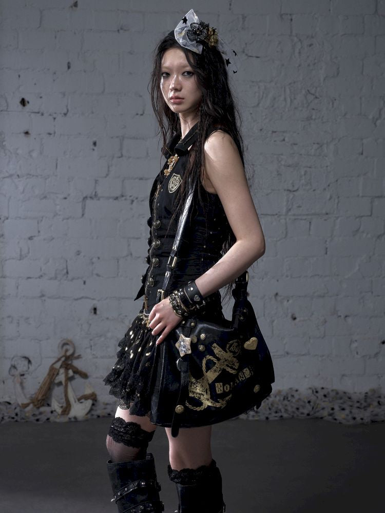 Gold foil print heavy-duty leather shoulder bag【s0000012778】