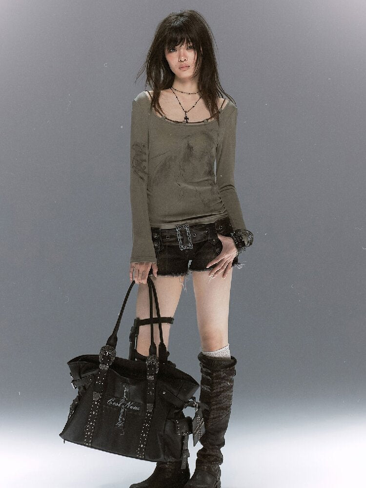 Dark Leather Cross Graffiti Bag【s0000018107】