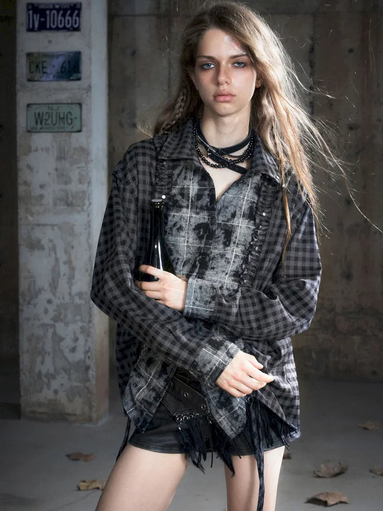 Drawstring Black-Gray Checkered Shir【s0000013959】