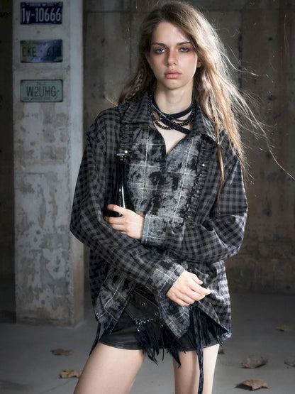 Drawstring Black-Gray Checkered Shir【s0000013959】