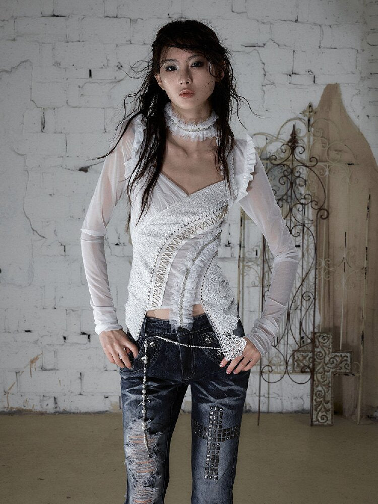 Sequin Webbing Mesh Long Sleeve Top【s0000016984】