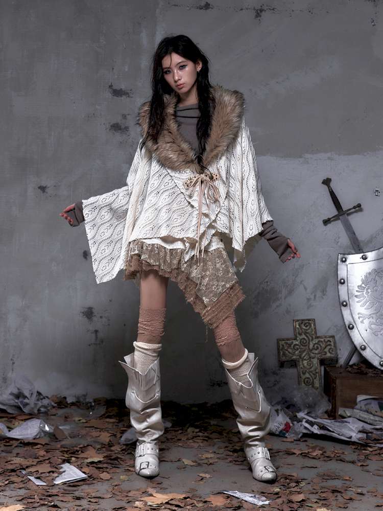 Knit Fur Collar Shawl Cape【s0000014659】