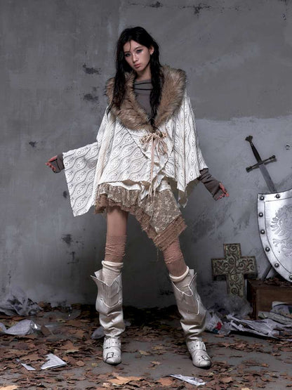 Knit Fur Collar Shawl Cape【s0000014659】