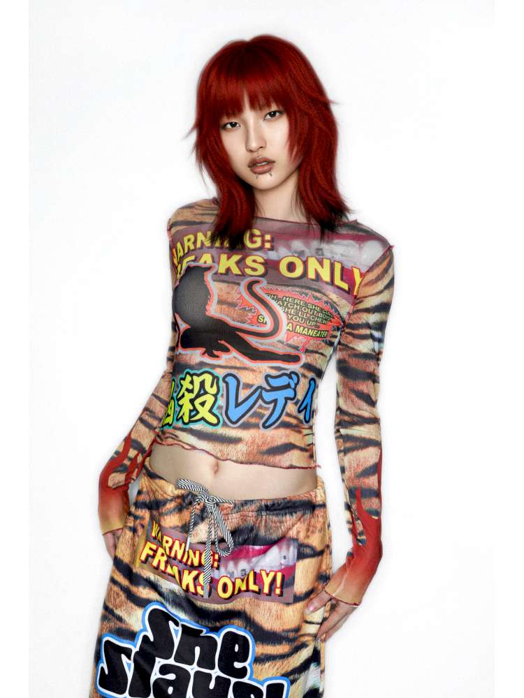 Y2K Millennium Print Long Sleeve Mesh Top【s0000014915】
