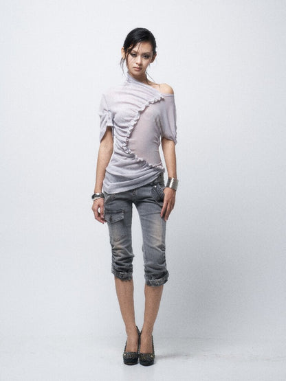 3-Tone Knitted Mesh Pleated T-Shirt【s0000016063】