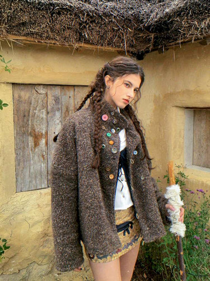 Brown Woolen Loose Button Coat【s0000014896】