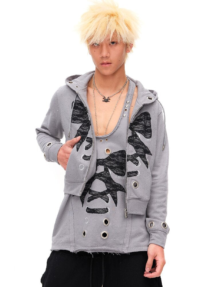 Lace Bow Rivet Distressed Vest【s0000016496】