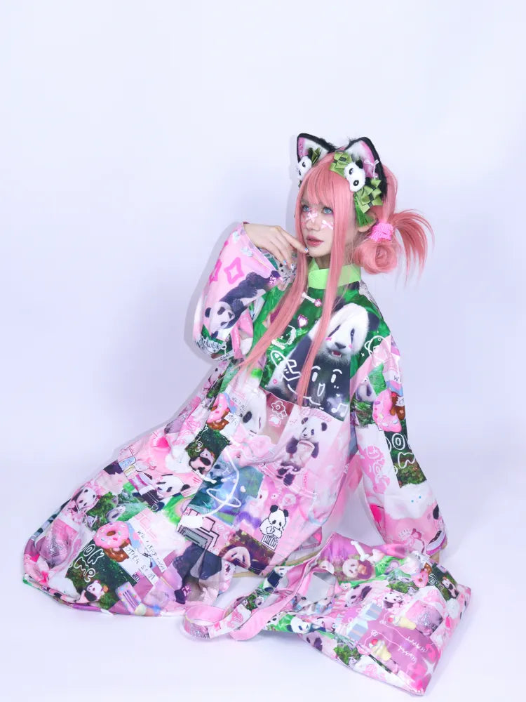 Panda Collage Print Stand Collar Long-Sleeve Top【s0000013981】