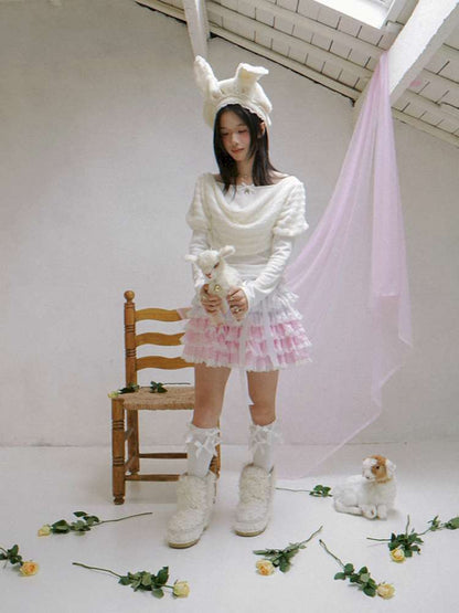 Pink Grid Gradient Lace Short Skirt【s0000014940】