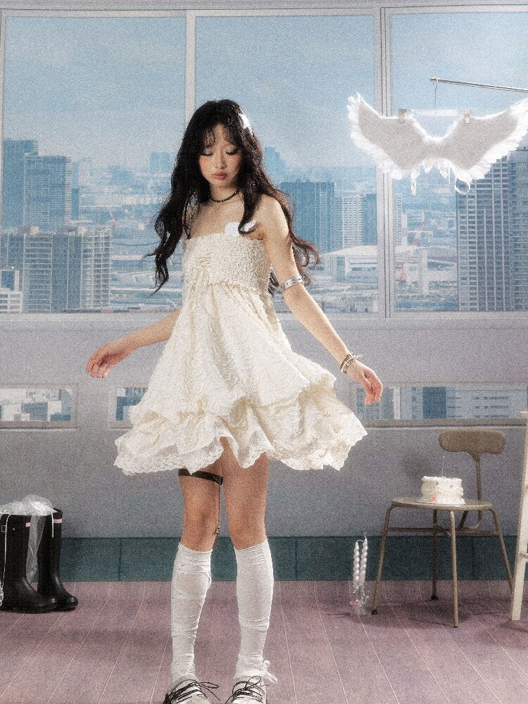 Shirred Lace White Texture Dress【s0000016278】