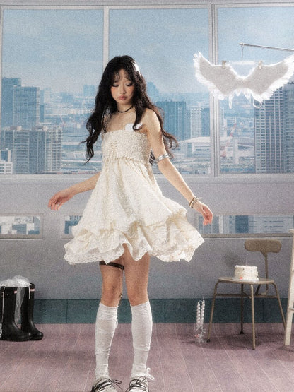Shirred Lace White Texture Dress【s0000016278】