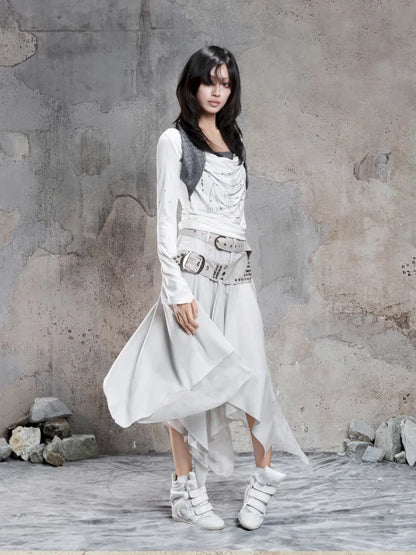 Asymmetrical faux two-piece long-sleeve knit top【s0000014134】